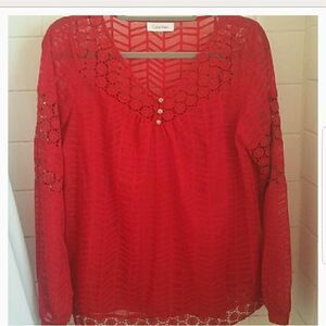 Calvin Klein Long Sleeve Lace Blouse Red Small